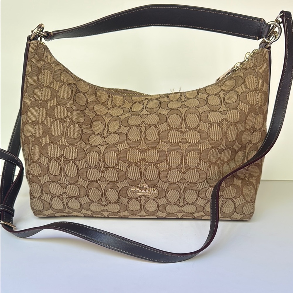 Coach East/West Celeste Signature Hobo Shoulder Bag Purse Brown Tan EUC